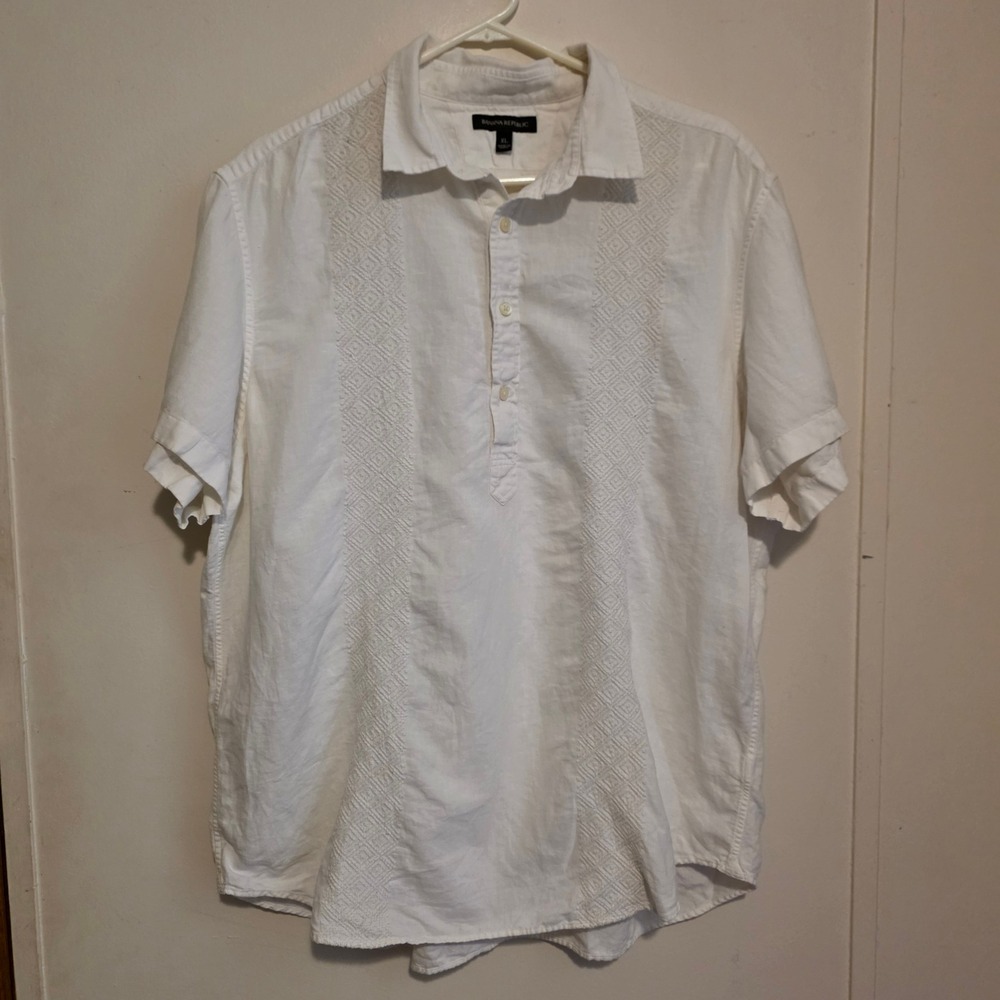 Banana Republic Mens Linen Shirt Size XL White Embroidered Popover Beach